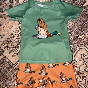 Kids Duck Print Swim Set - Green and Orange